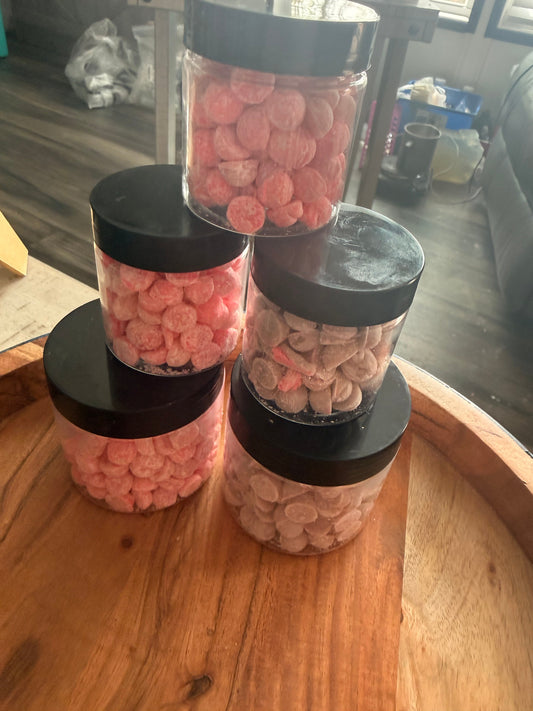 Watermelon Splash Lotion Dots - jars stacked on wood tray