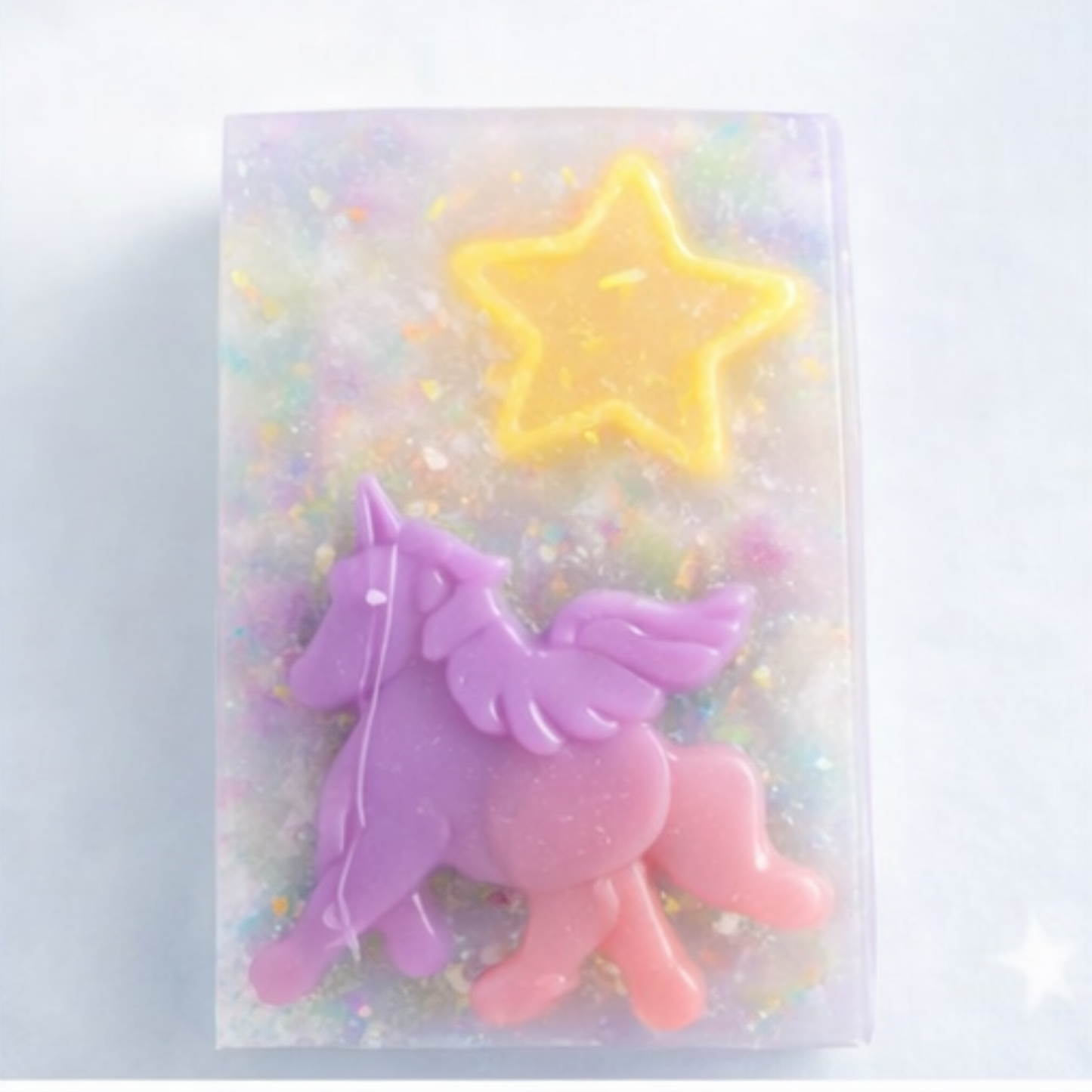Unicorn Dreams Soap - iridescent base with purple and pink unicorn and yellow star