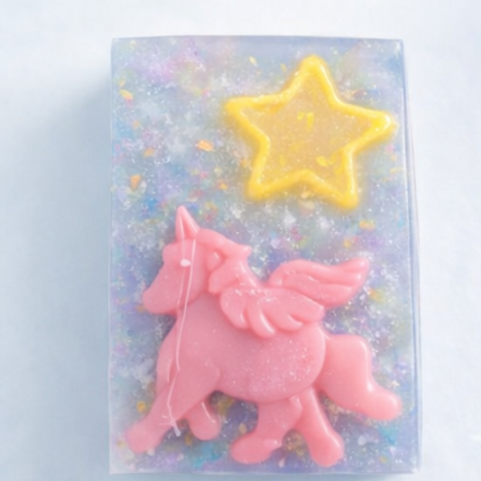 Unicorn Dreams Soap - iridescent base with pink unicorn and yellow star
