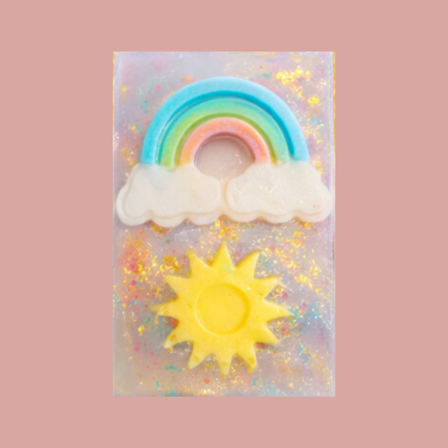 Over the Rainbow Soap - iridescent base with rainbow, sun and cloud embeds
