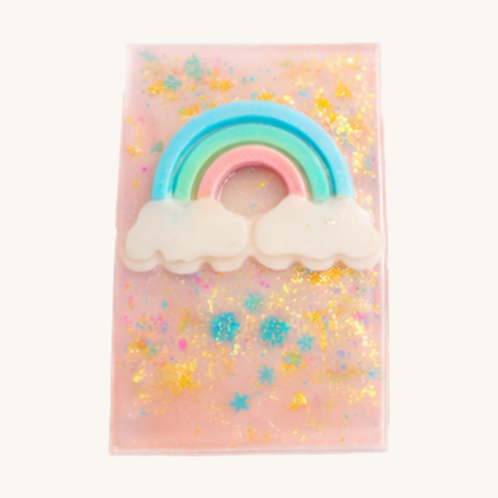 Over the Rainbow Soap - pink base with rainbow cloud and teal star confetti