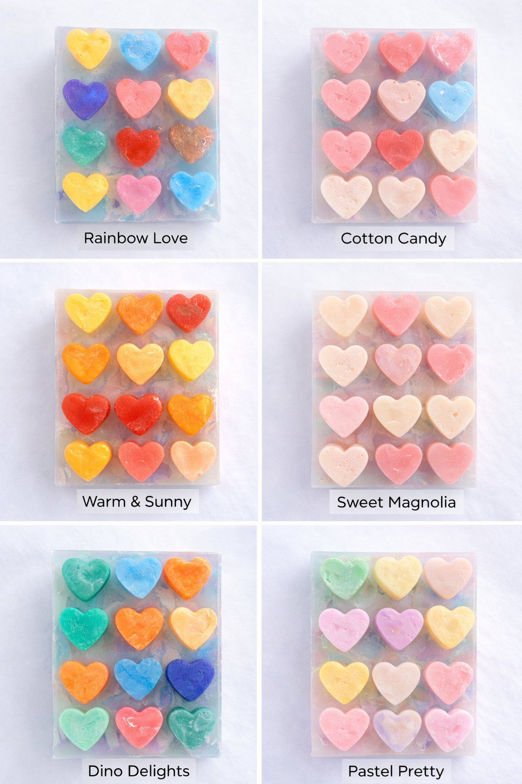 Heart Soap - all 6 color collections: Rainbow Love, Cotton Candy, Warm & Sunny, Sweet Magnolia, Dino Delights, Pastel Pretty
