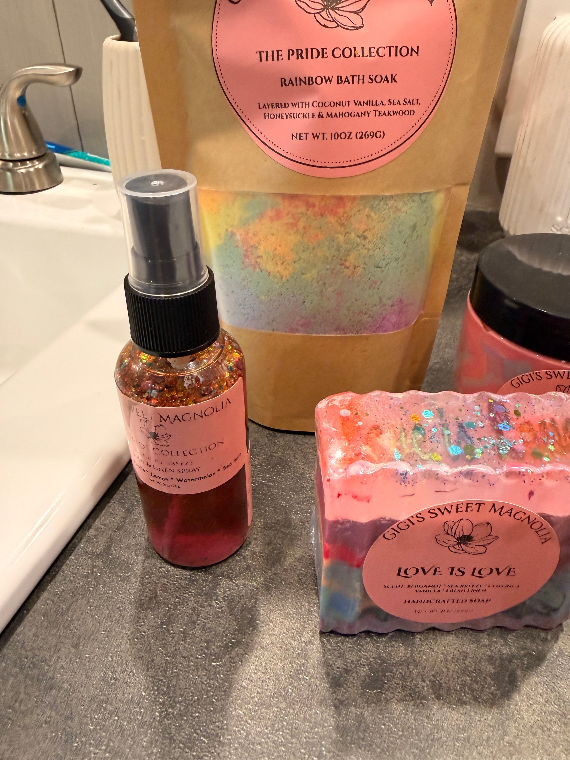 Pride Collection Body & Linen Spray - with Rainbow Bath Soak and Love is Love Soap