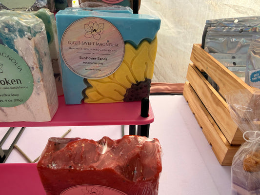 Sunflower Sands handcrafted soap at market display
